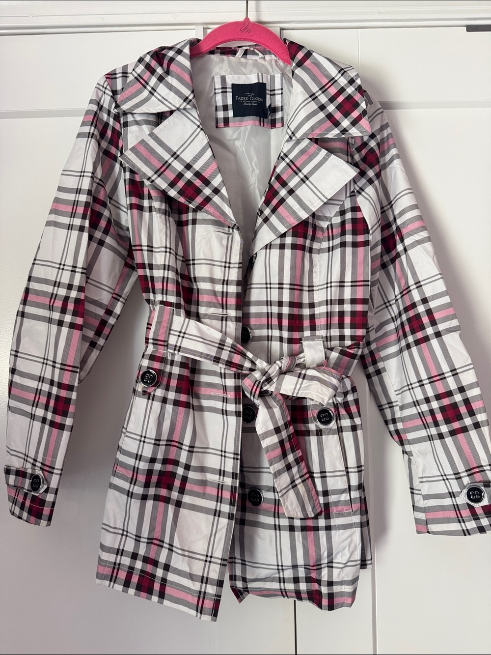 Faded Glory Pink Black and White Plaid Trench Coat